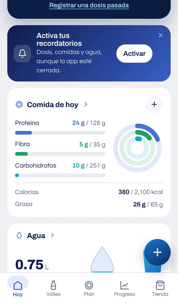 Resumen de comida del día con proteína, fibra y carbohidratos